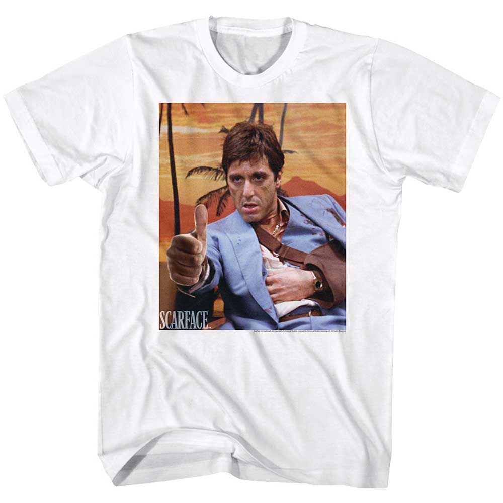 White Scarface t-shirt featuring a Scarface Thumbs and Ammo design