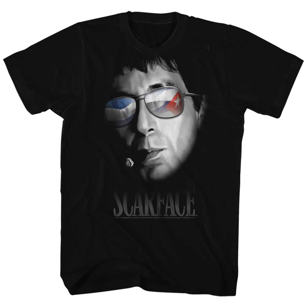 Black Scarface t-shirt featuring a Scarface Cuban Aviators design