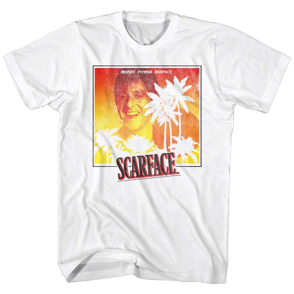 White Scarface t-shirt featuring a Scarface Sunset design