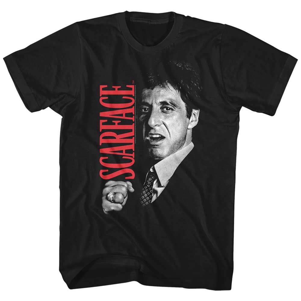 Black Scarface t-shirt featuring a Scarface Tony Close-Up design