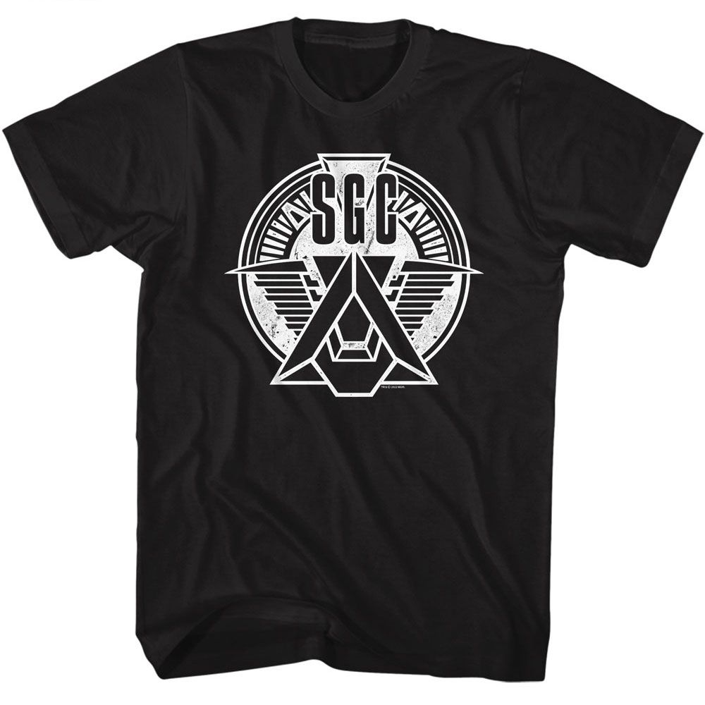 Black Stargate t-shirt featuring an SGC Emblem 7 design