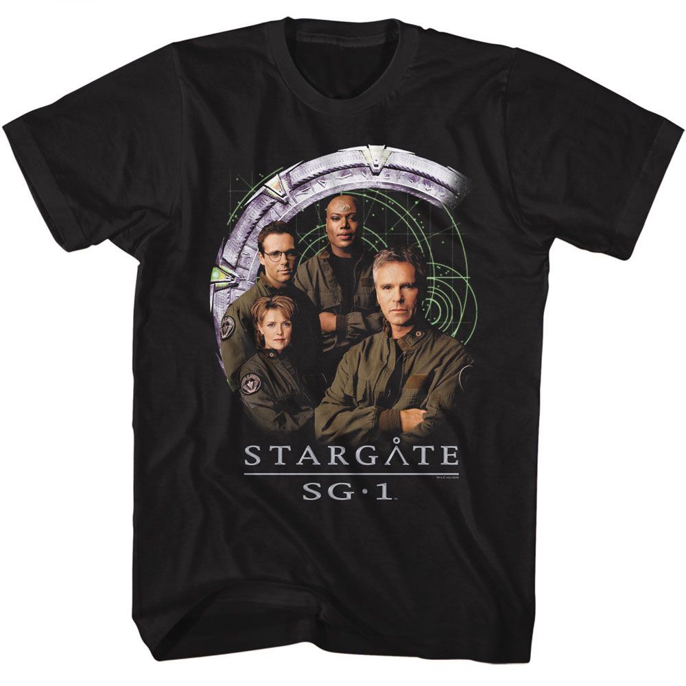 Black Stargate t-shirt featuring a cast and gate design