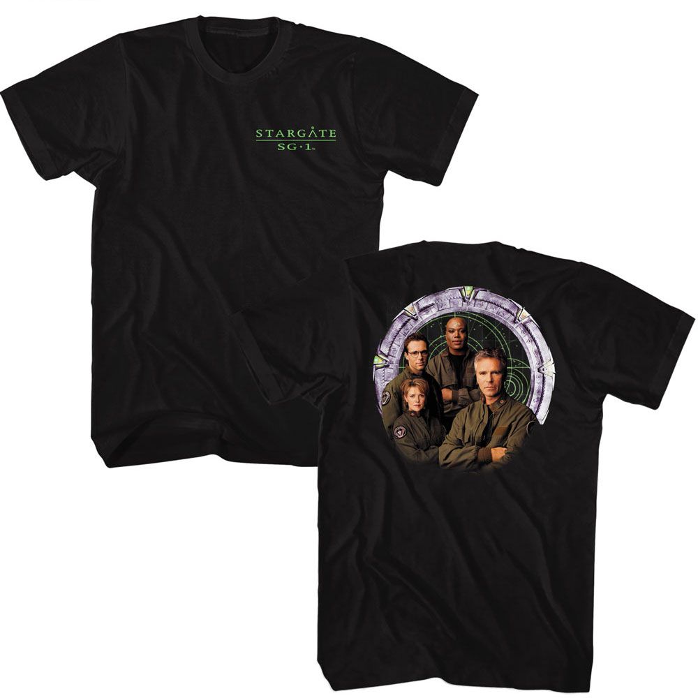 Black Stargate t-shirt featuring a Stargate cast and gate F&B design