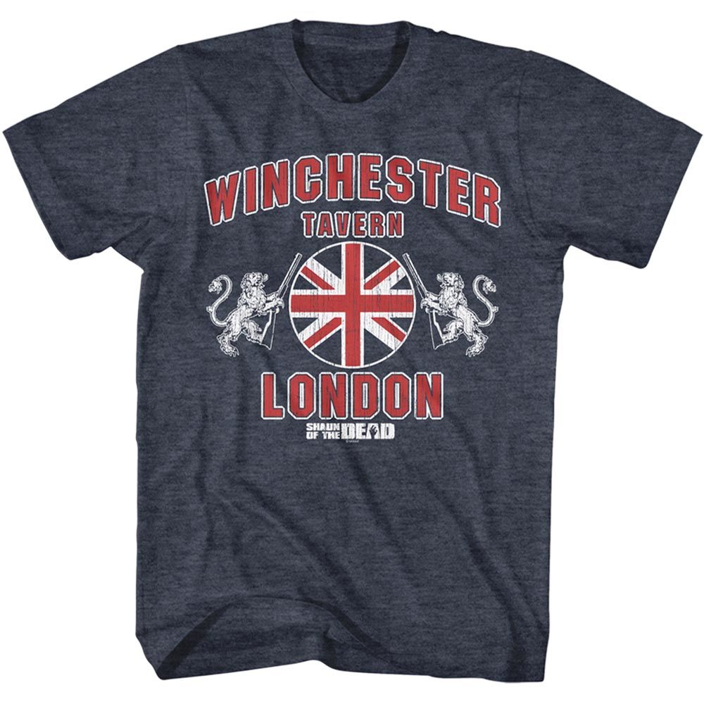 Navy Heather Shaun of the Dead t-shirt featuring a Winchester London design