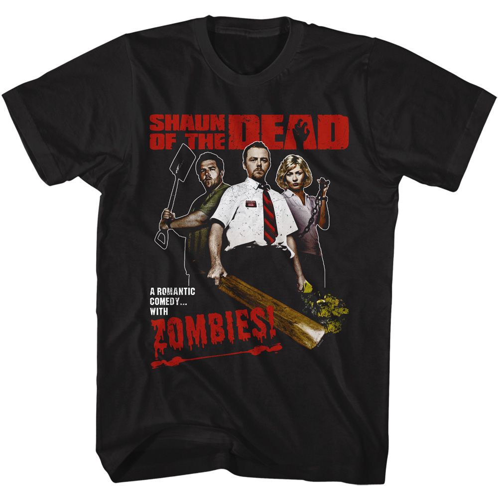 Black Shaun of the Dead t-shirt featuring a Rom-Zom-Com design