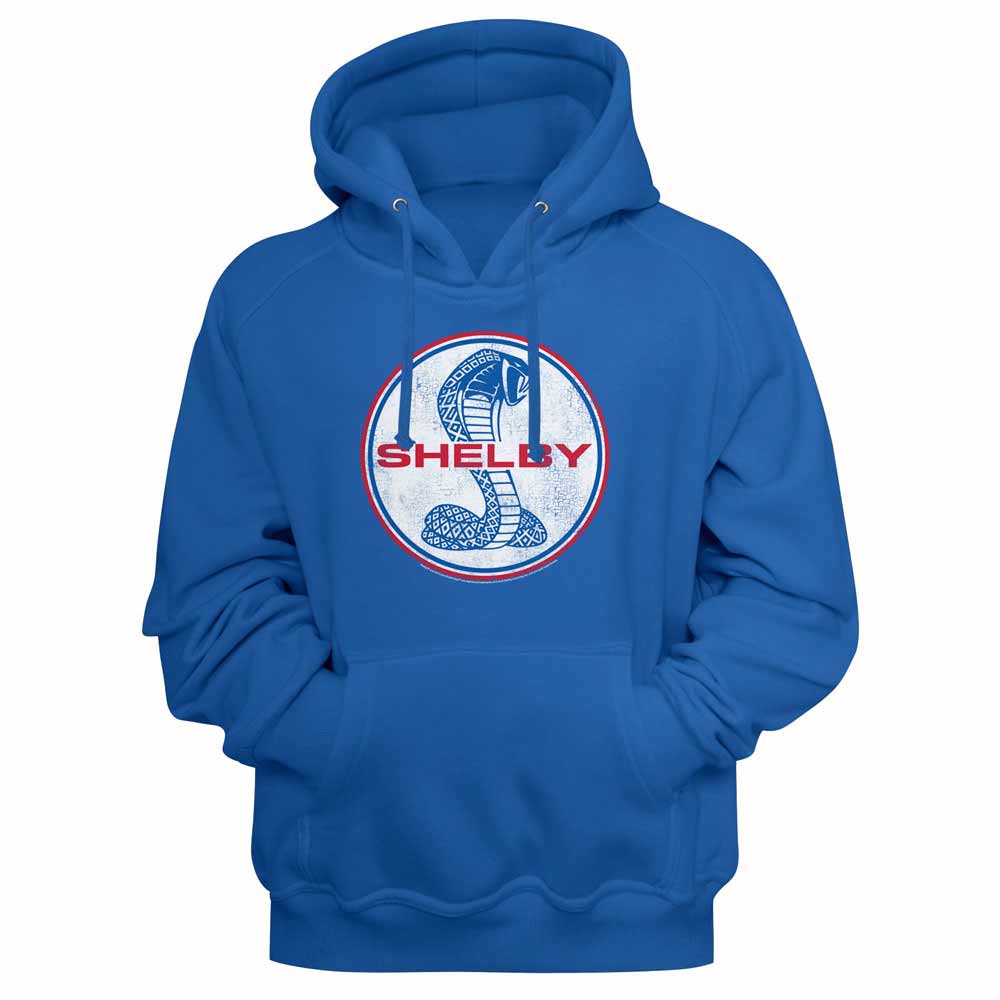 Royal blue Carroll Shelby pullover hoodie featuring a Cobra Badge design