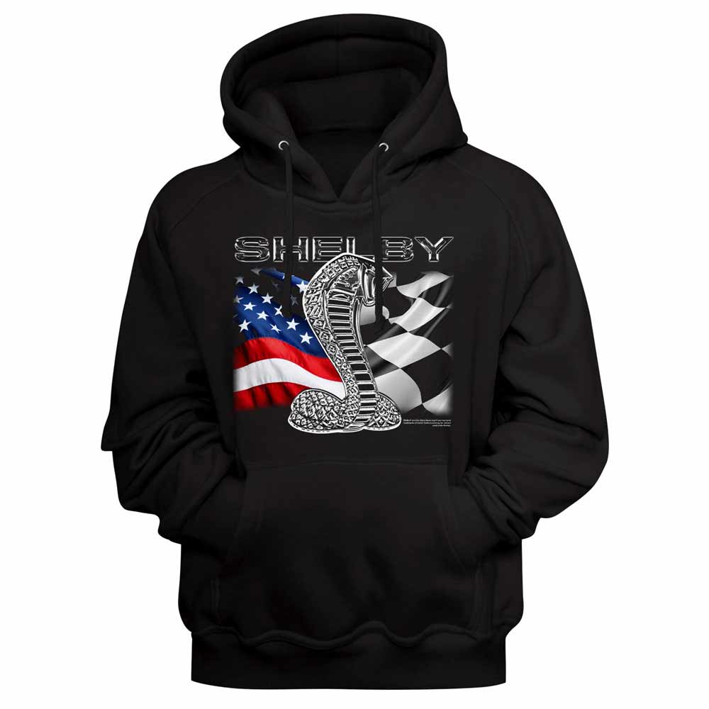 Black Carroll Shelby pullover hoodie featuring a Cobra Flags design