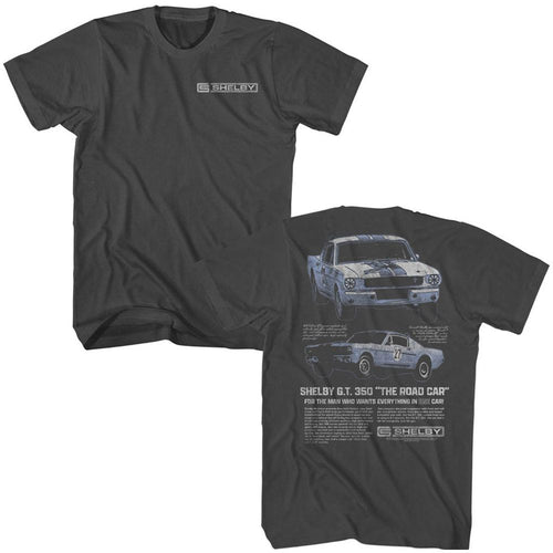 GT 350 Two Angles Carroll Shelby t-shirt in smoke gray, front and back