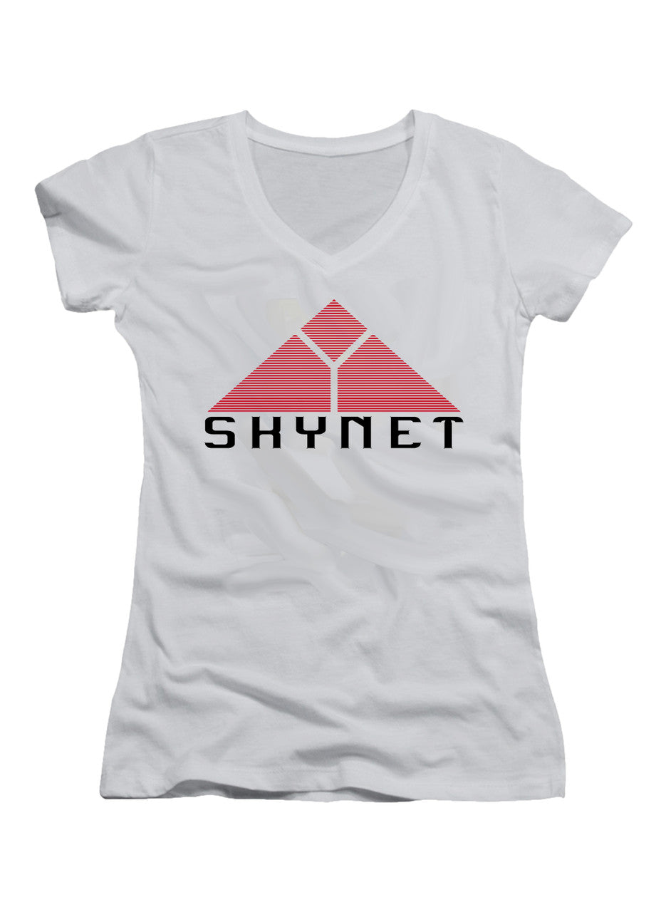 White Skynet Juniors V-Neck T-Shirt