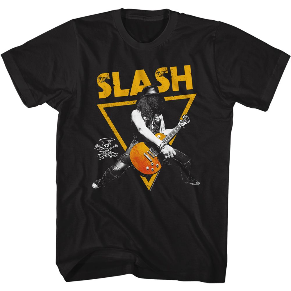 Black Slash t-shirt featuring a Slash Gold Triangle design