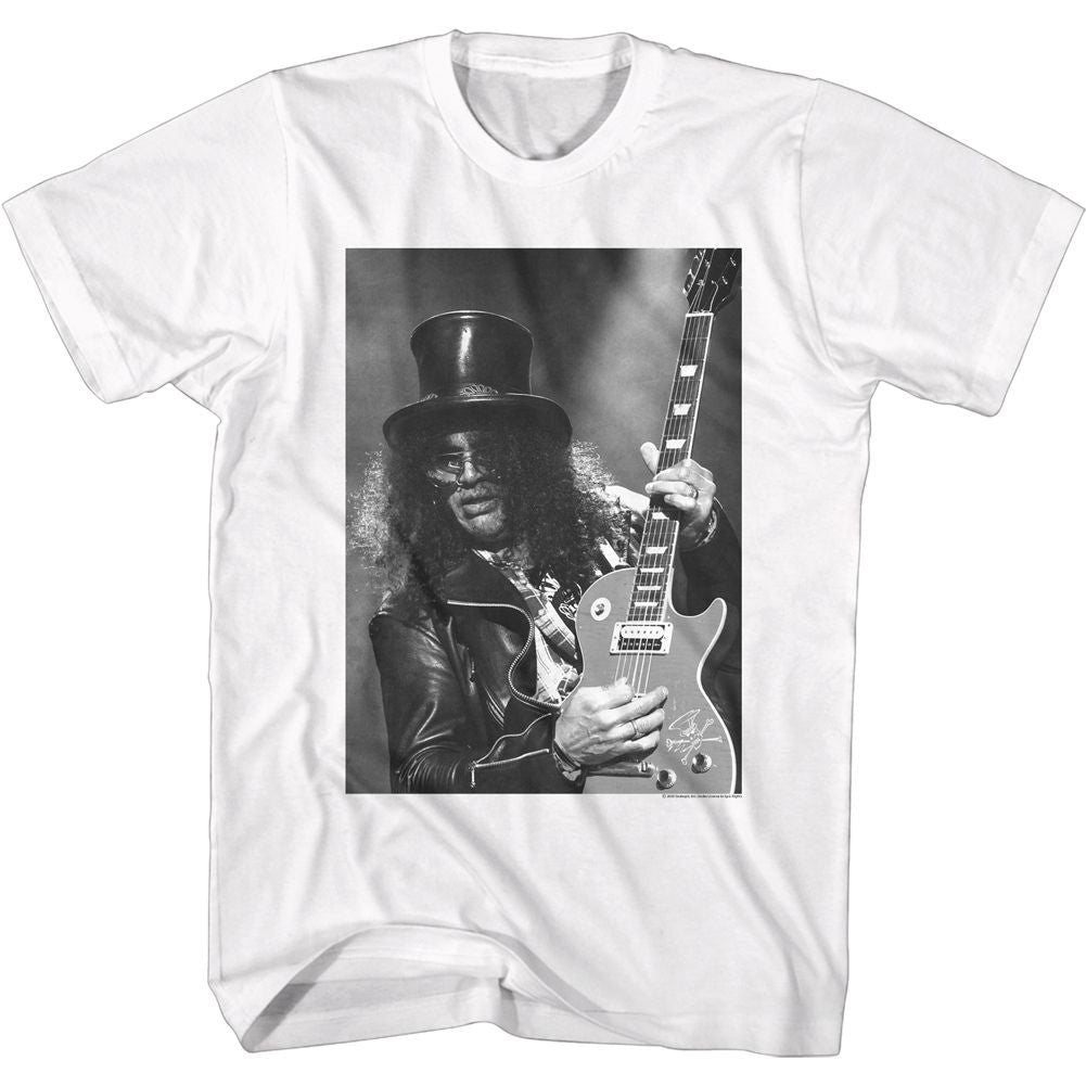 White Slash t-shirt featuring a black-and-white Slash with Guitar design