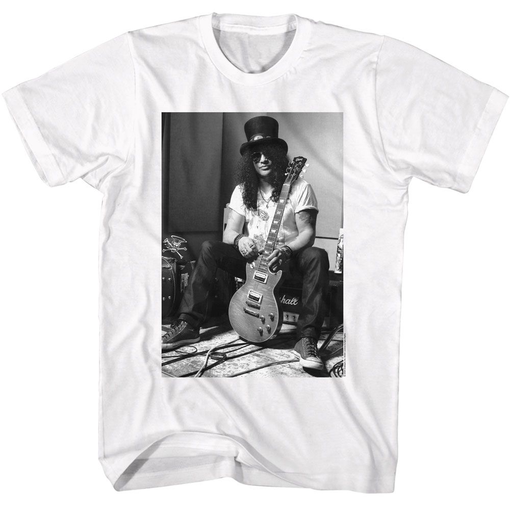White Slash t-shirt featuring a black-and-white Slash Guitar design