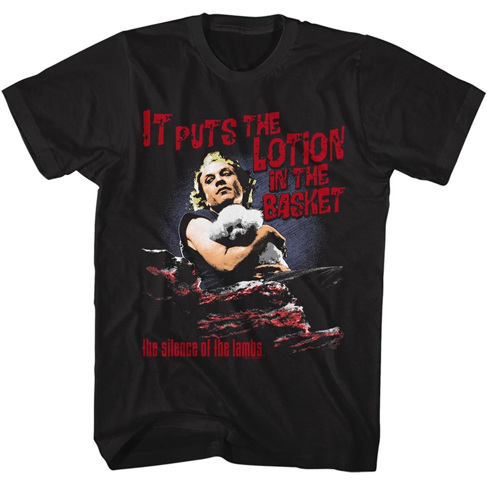 Black Silence of the Lambs t-shirt featuring a Silence of the Lambs Silence Lotion in the Basket design