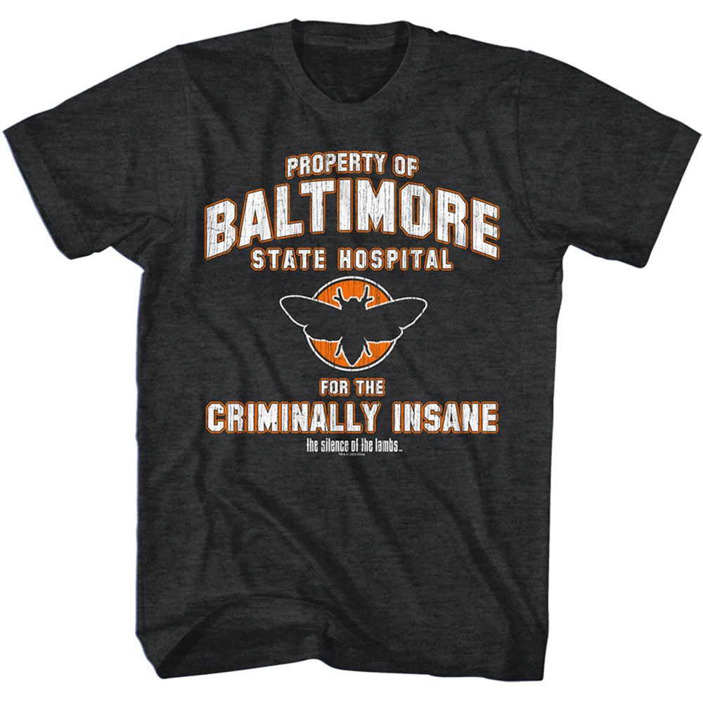 Black Heather Silence of the Lambs t-shirt featuring a Baltimore State design