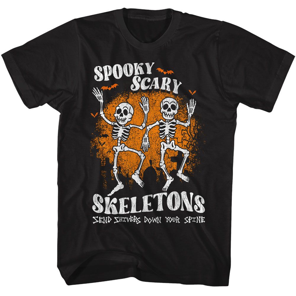 Black Spooky Scary Skeletons t-shirt featuring a bats and graves design