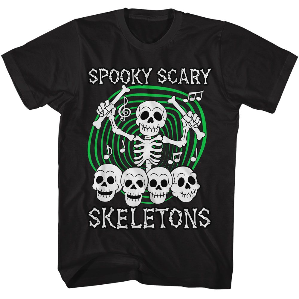 Black Spooky Scary Skeletons t-shirt featuring a Skull Drummer design