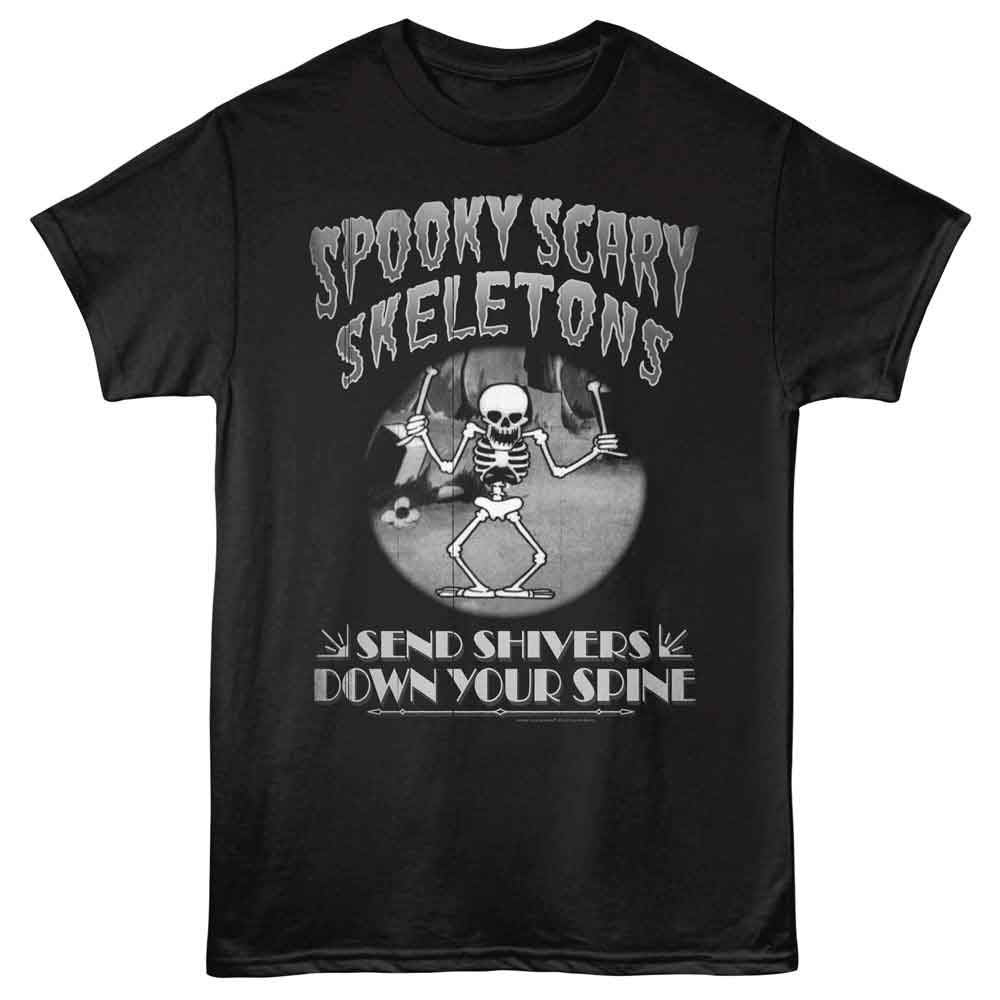 Black Spooky Scary Skeletons t-shirt featuring an Old Film Intro Skeletons design