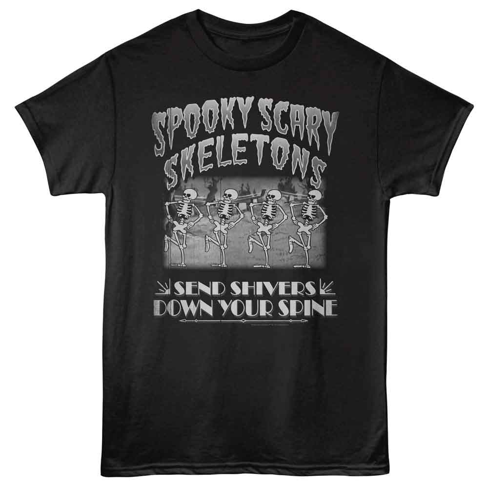 Black Spooky Scary Skeletons t-shirt featuring an Old Film Quartet Skeletons design