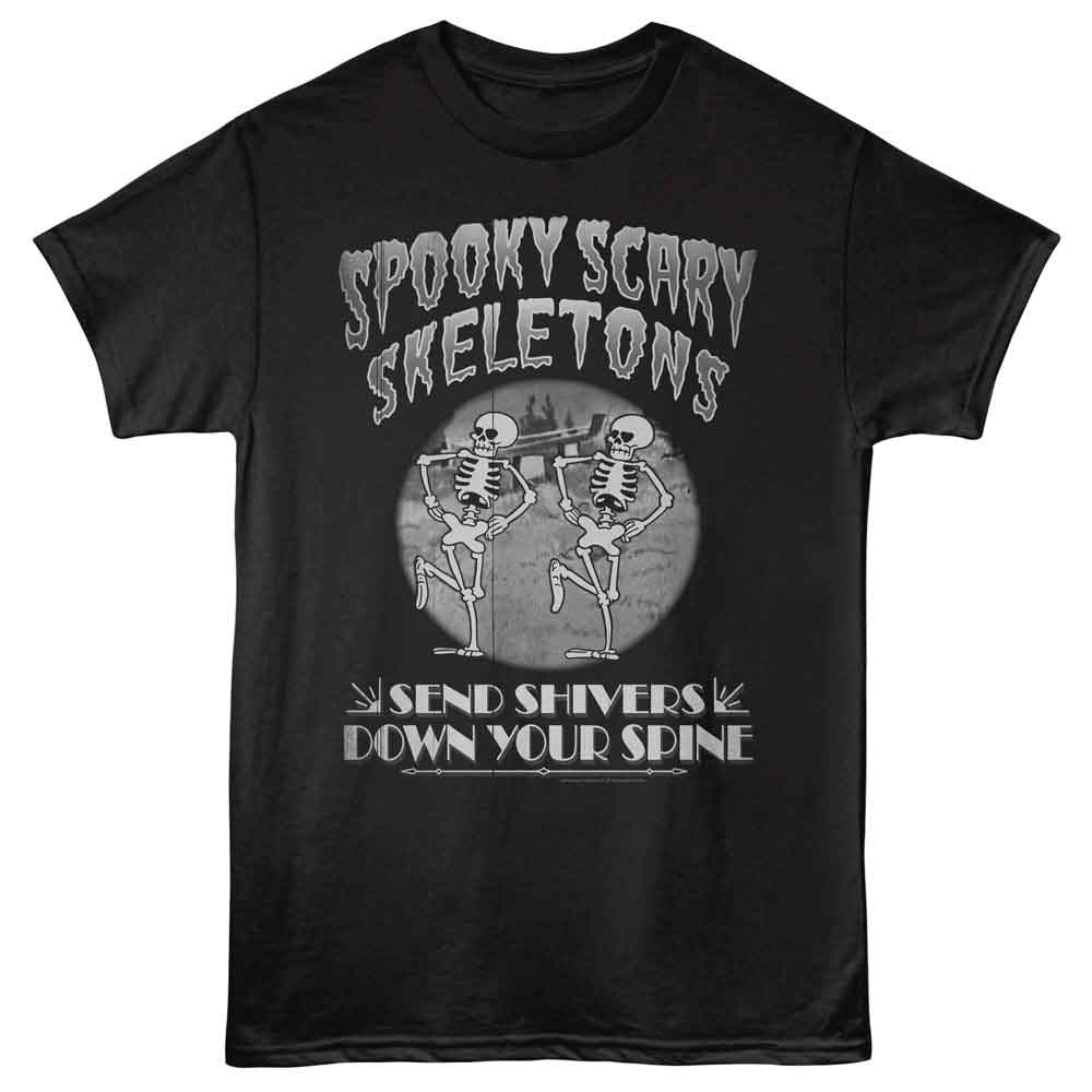 Black Spooky Scary Skeletons t-shirt featuring an Old Film Duet Skeletons design