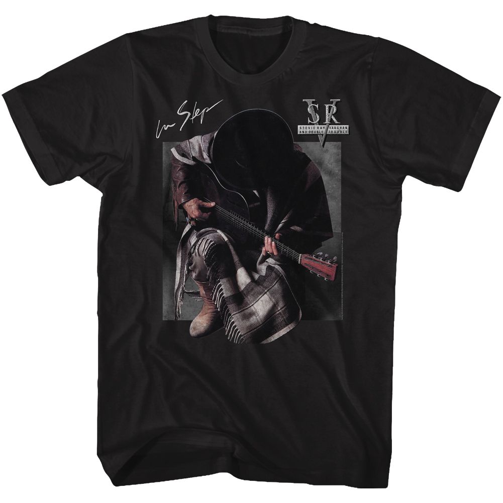 Black Stevie Ray Vaughan t-shirt featuring an In Step design