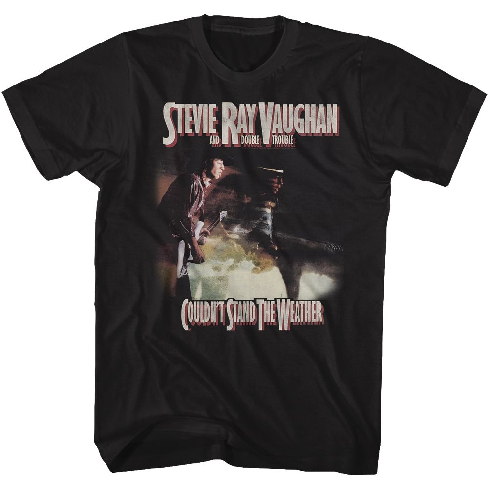 Black Stevie Ray Vaughan t-shirt featuring a Couldn't Stand the Weather design