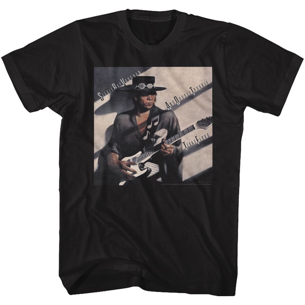 Black Stevie Ray Vaughan t-shirt featuring a Texas Flood design