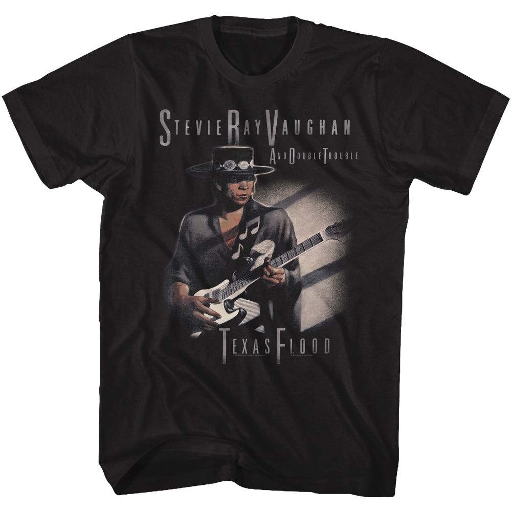 Black Stevie Ray Vaughan t-shirt featuring a Texas Flood design