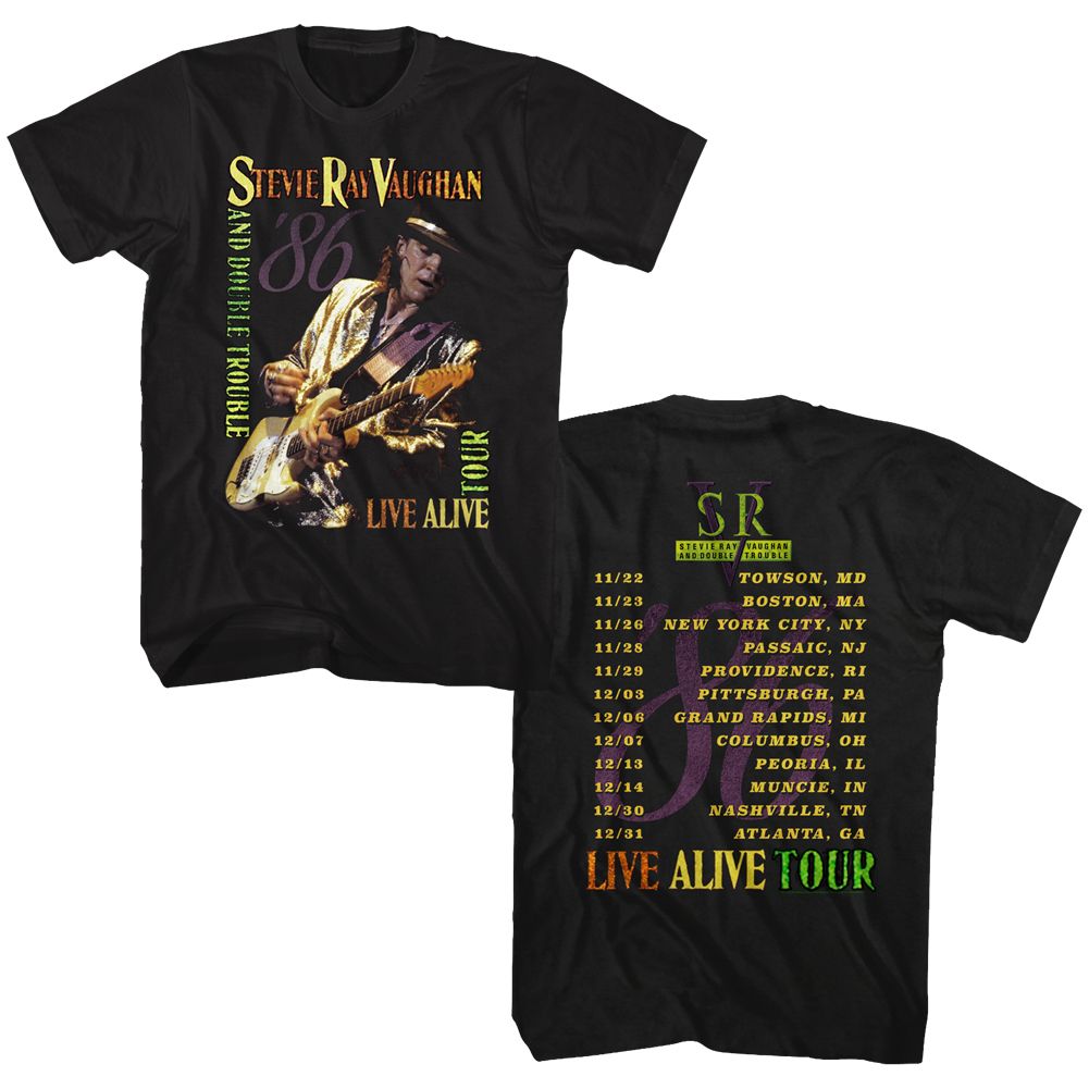 Black Stevie Ray Vaughan t-shirt featuring a Live Alive Tour design