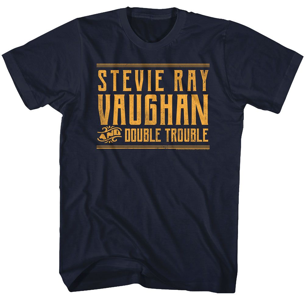 Navy Stevie Ray Vaughan t-shirt featuring an SRV and Double Trouble design
