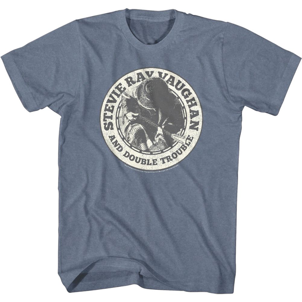 Indigo Heather Stevie Ray Vaughan t-shirt featuring an SRV Badge design