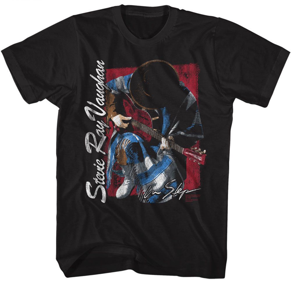 Black Stevie Ray Vaughan t-shirt featuring a Stevie Ray Vaughan kneeling design