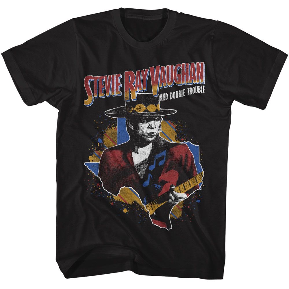 Black Stevie Ray Vaughan t-shirt featuring an SRV Guitar and Texas design