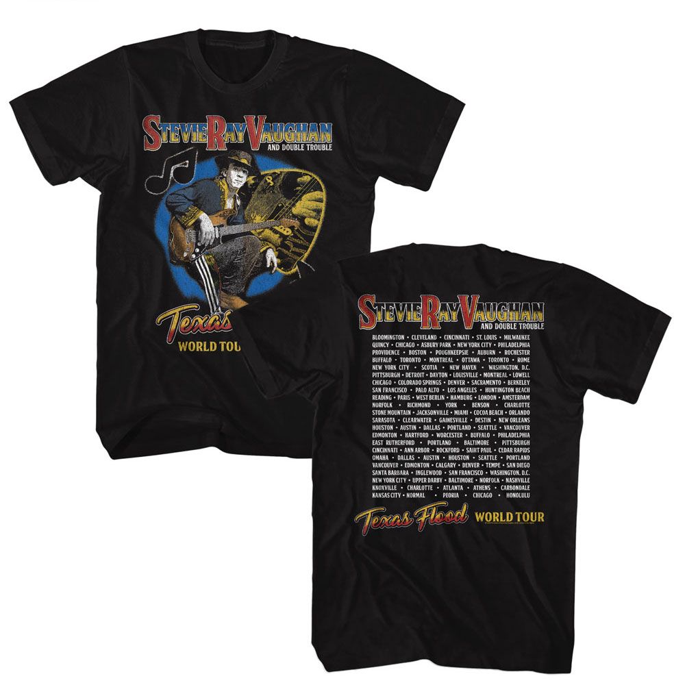 Black Stevie Ray Vaughan t-shirt featuring a Texas Flood World Tour design