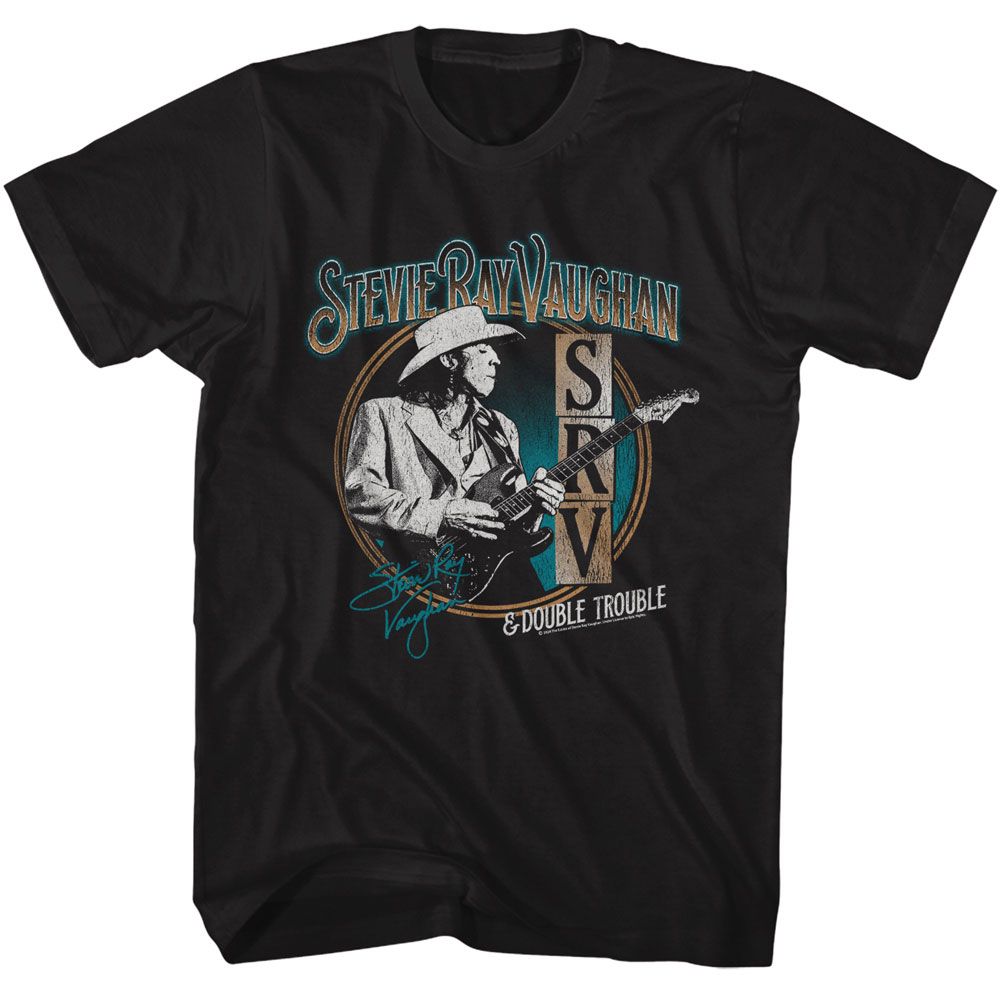 Black Stevie Ray Vaughan t-shirt featuring an SRV and Double Trouble design
