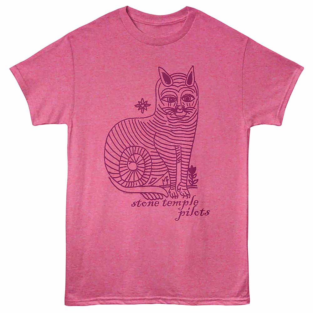 Retro Pink Heather Stone Temple Pilots t-shirt featuring an STP Striped Cat design