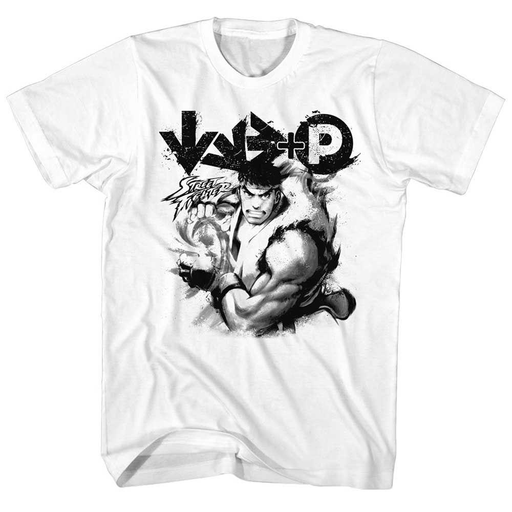 White Street Fighter t-shirt featuring a Hadoken design
