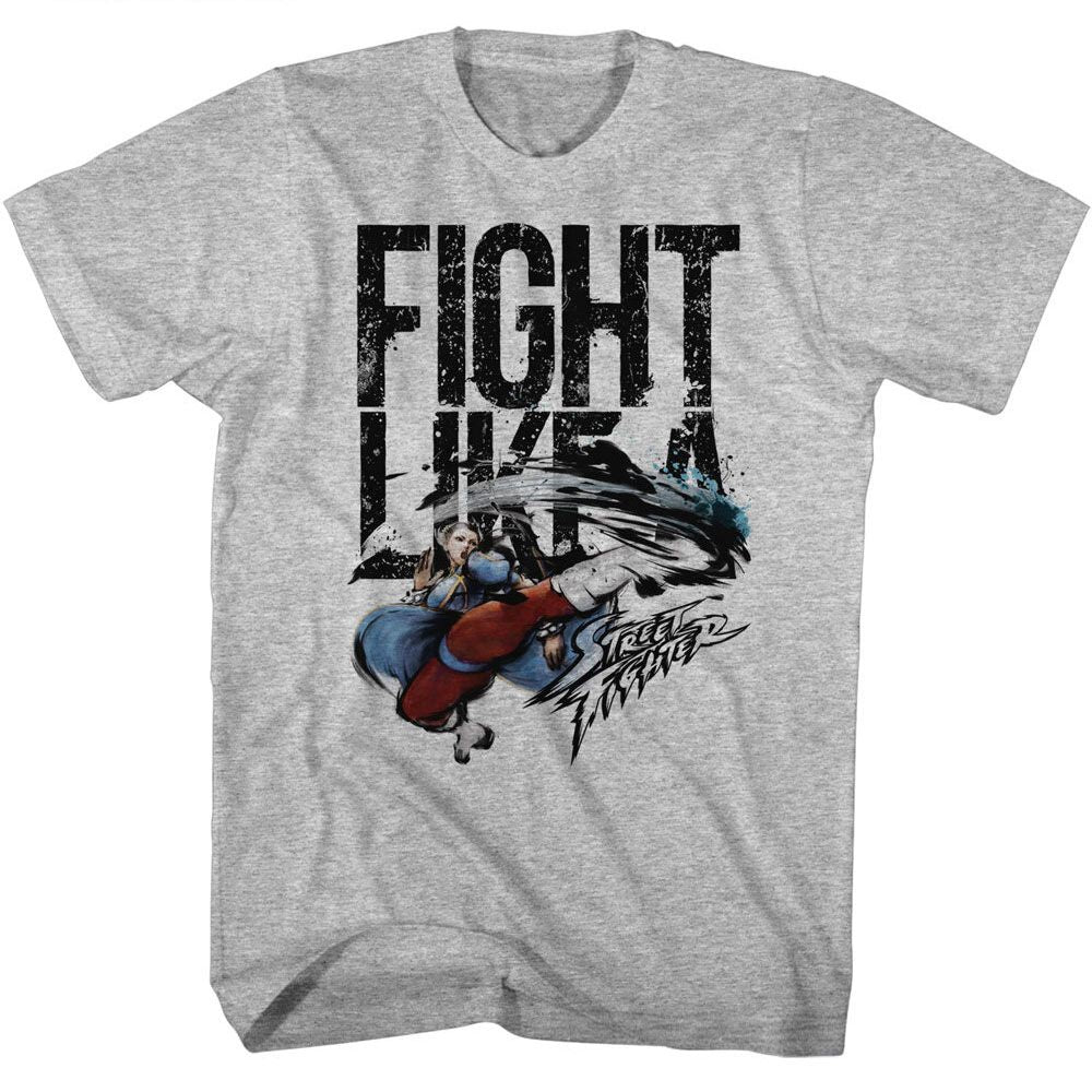 Gray Heather Street Fighter t-shirt featuring a Street Fighter Fight Like a design