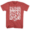Red Heather Street Fighter t-shirt featuring a Street Fighter Select Screen design