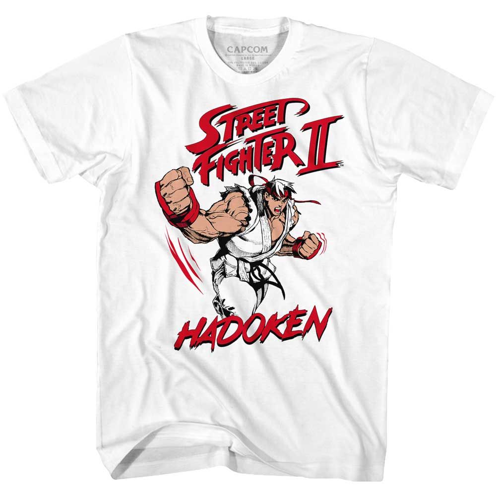 White Street Fighter t-shirt featuring a Street Fighter Hadoken design