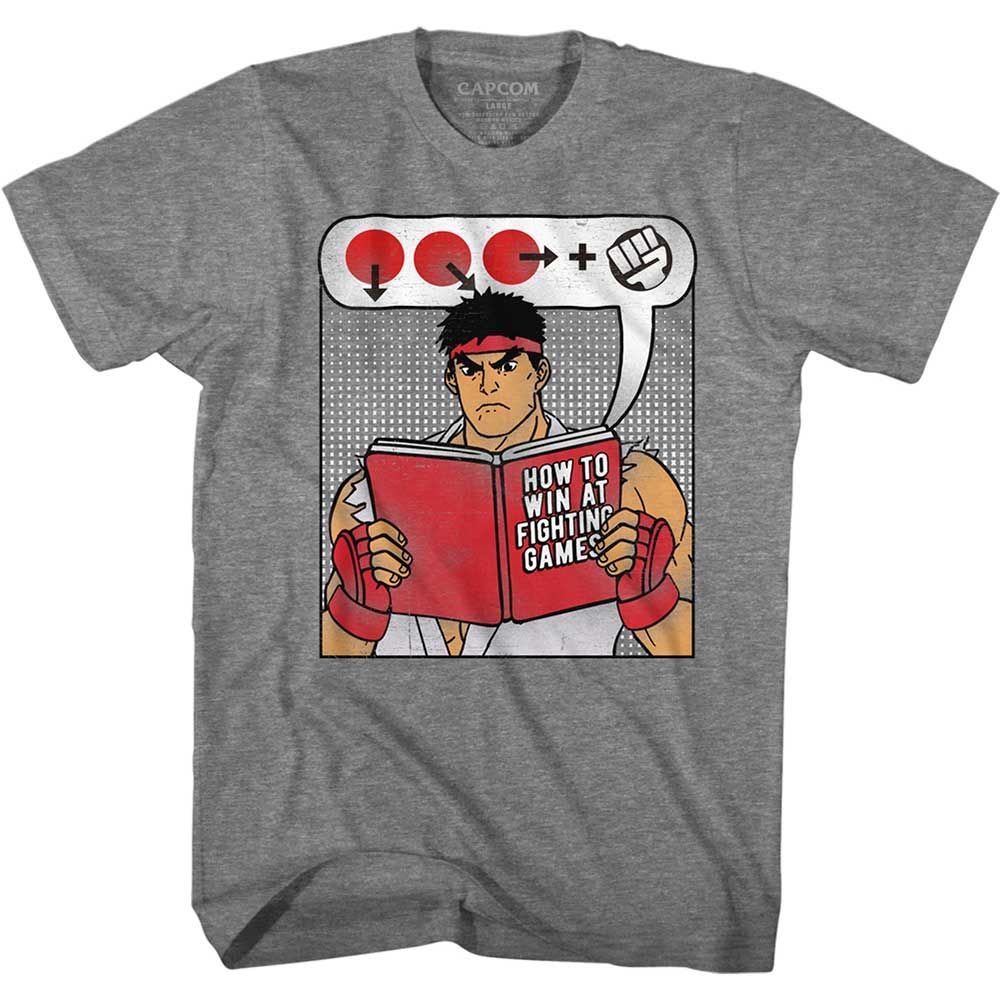 Graphite Heather Street Fighter t-shirt featuring a Street Fighter How to Win Book design