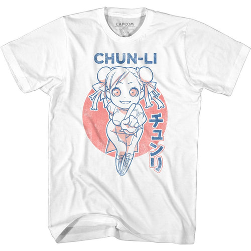White Street Fighter t-shirt featuring a Street Fighter Cutesy Chun-Li design