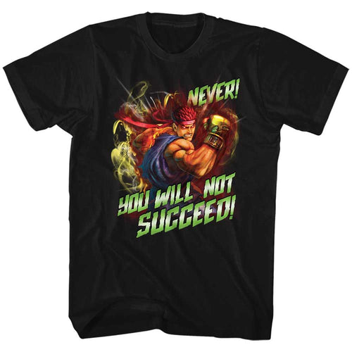 Black Street Fighter t-shirt featuring a Street Fighter Never Succeed design
