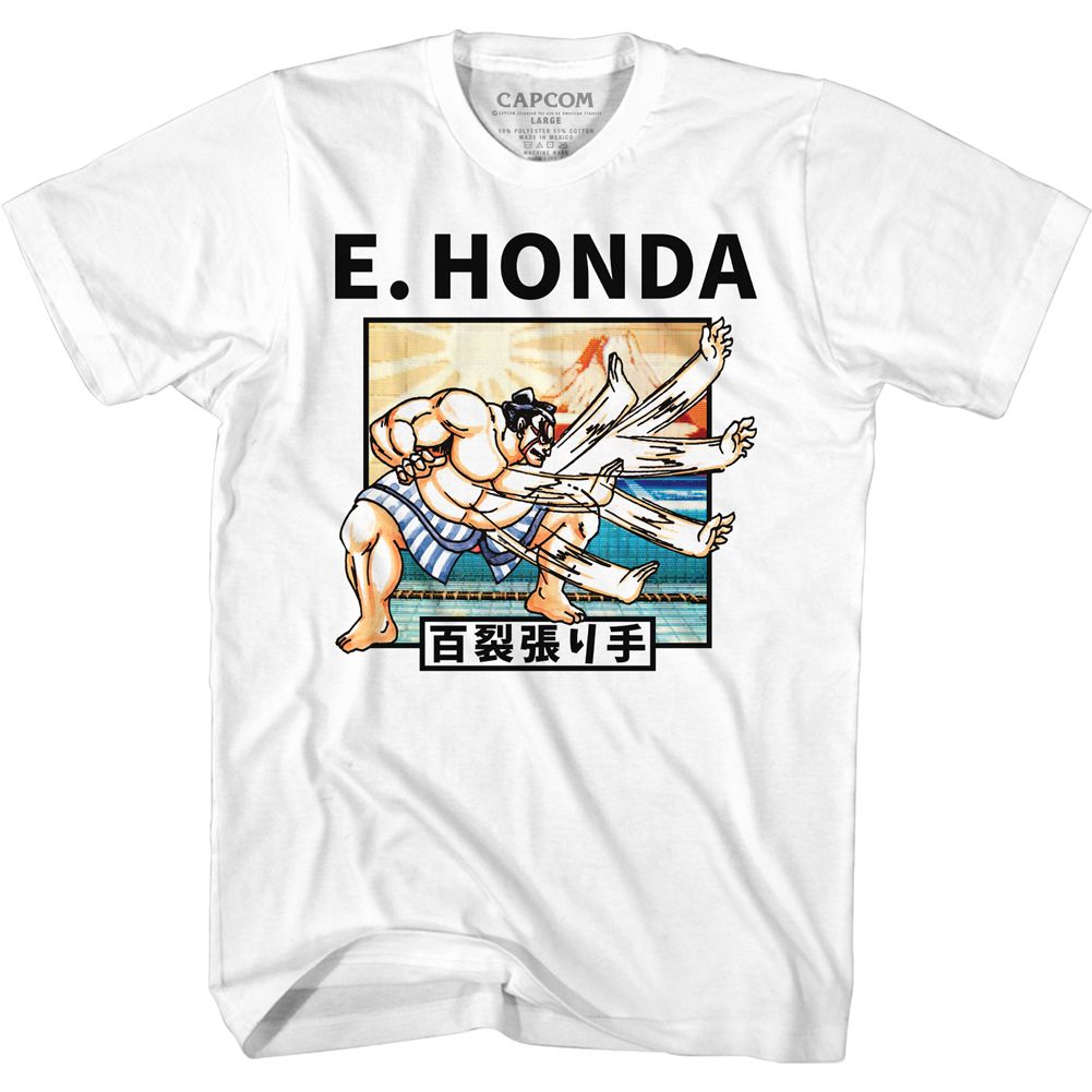 White Street Fighter t-shirt featuring a Street Fighter E. Honda Slaps design