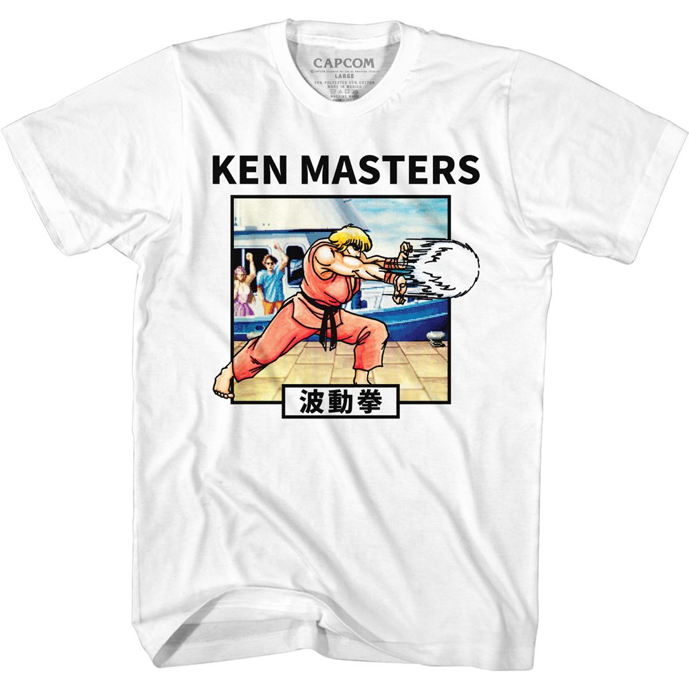 White Street Fighter t-shirt featuring a Street Fighter Ken Hadoken design