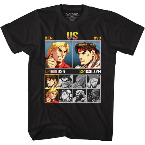 Black Street Fighter t-shirt featuring a Street Fighter Ken vs Ryu design