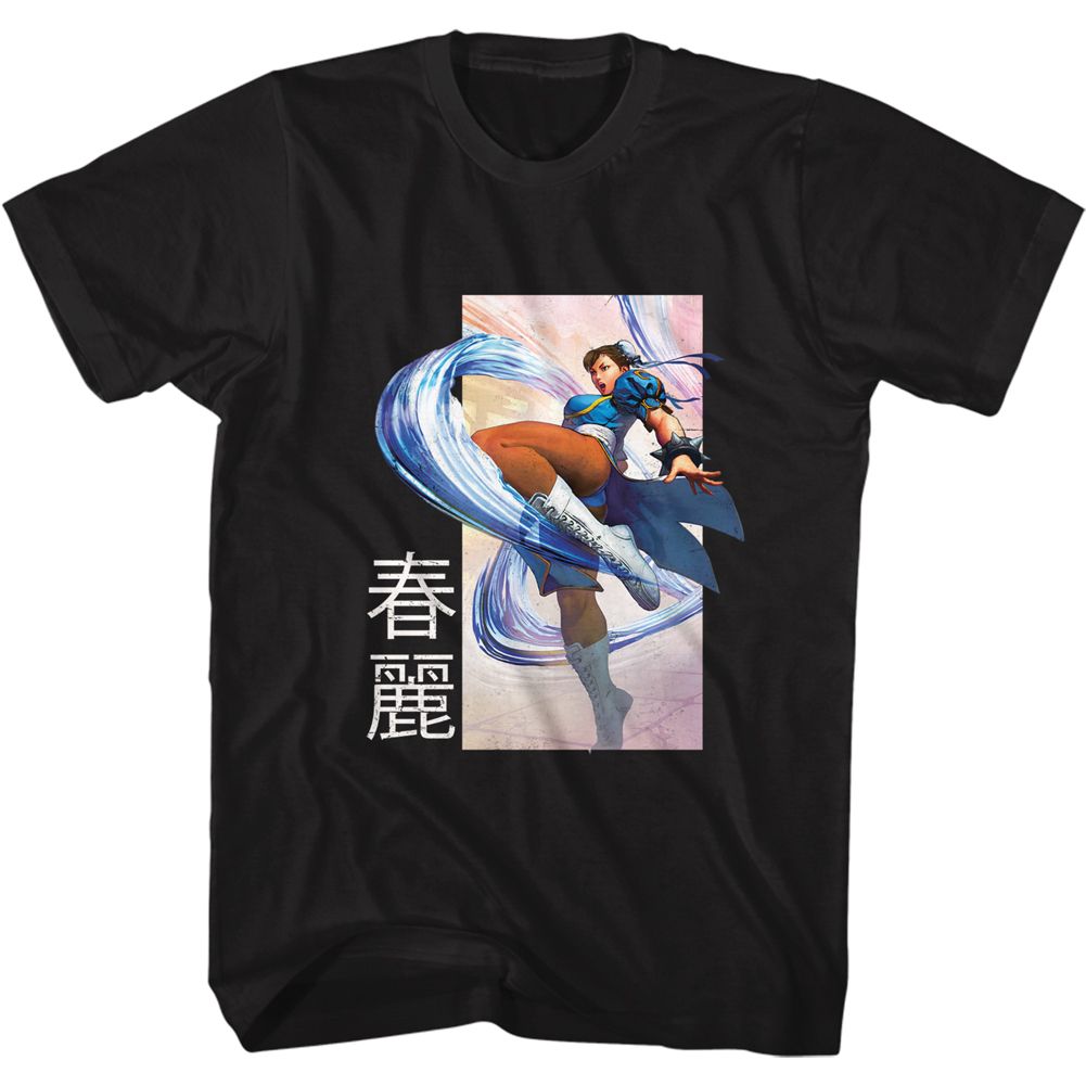 Black Street Fighter t-shirt featuring a Street Fighter Chun Li Kick design