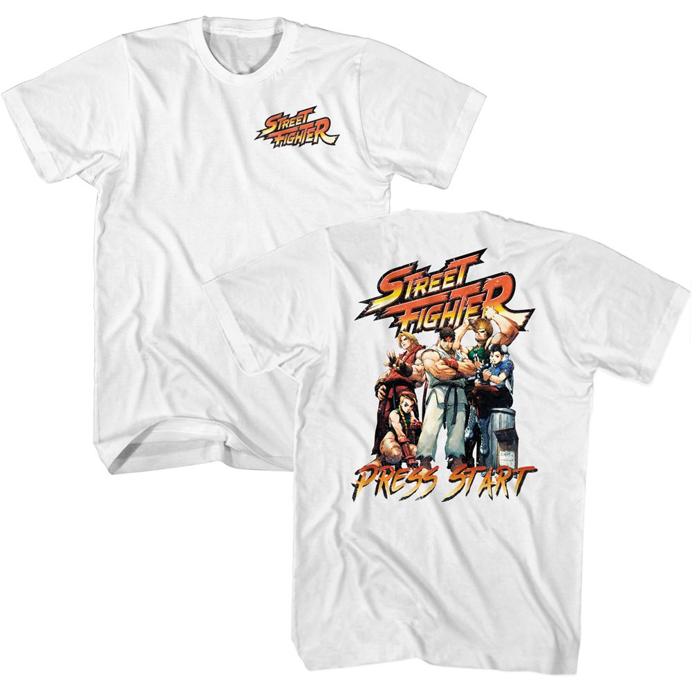 White Street Fighter t-shirt featuring a Street Fighter Press Start design