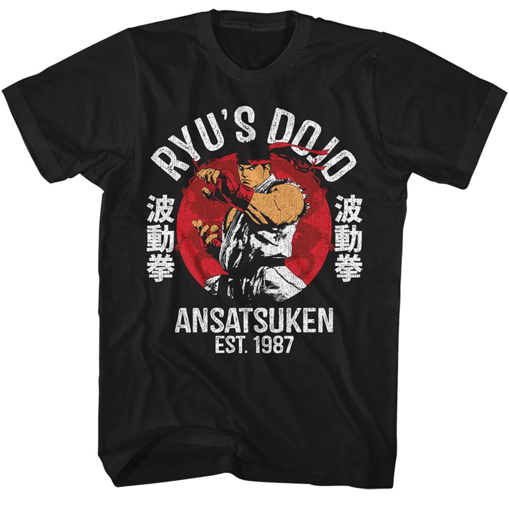 Black Street Fighter t-shirt featuring a Ryu's Dojo design