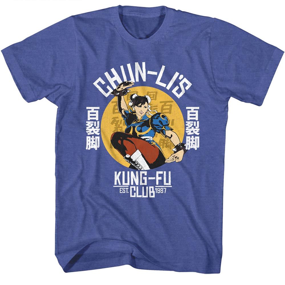 Royal Heather Street Fighter t-shirt featuring a Chun-Li's Martial Arts design