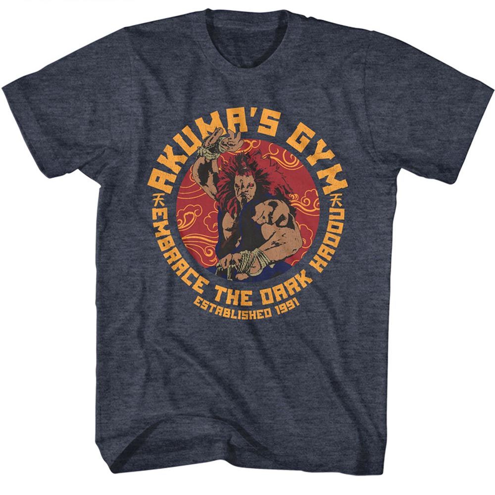 Navy Heather Street Fighter t-shirt featuring an Akuma's Gym design